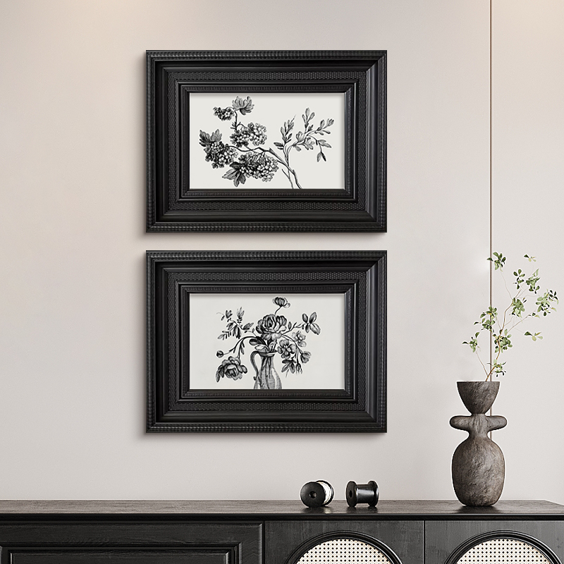 《绣球花》中古风花卉客厅装饰画组合黑白线稿文艺复古餐厅挂画壁