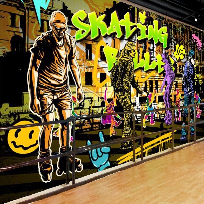 工业风3d欧美涂鸦墙纸街头嘻哈潮牌店背景墙溜冰旱冰轮滑馆壁纸布