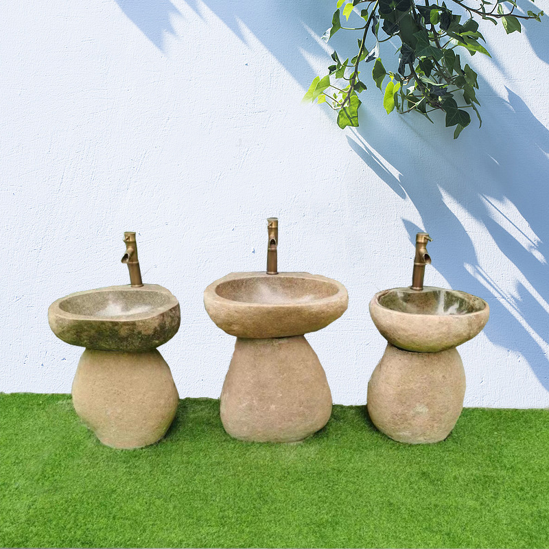 天然鹅卵石洗手盆石材户外庭院洗手池幼儿园成人立柱水池水槽
