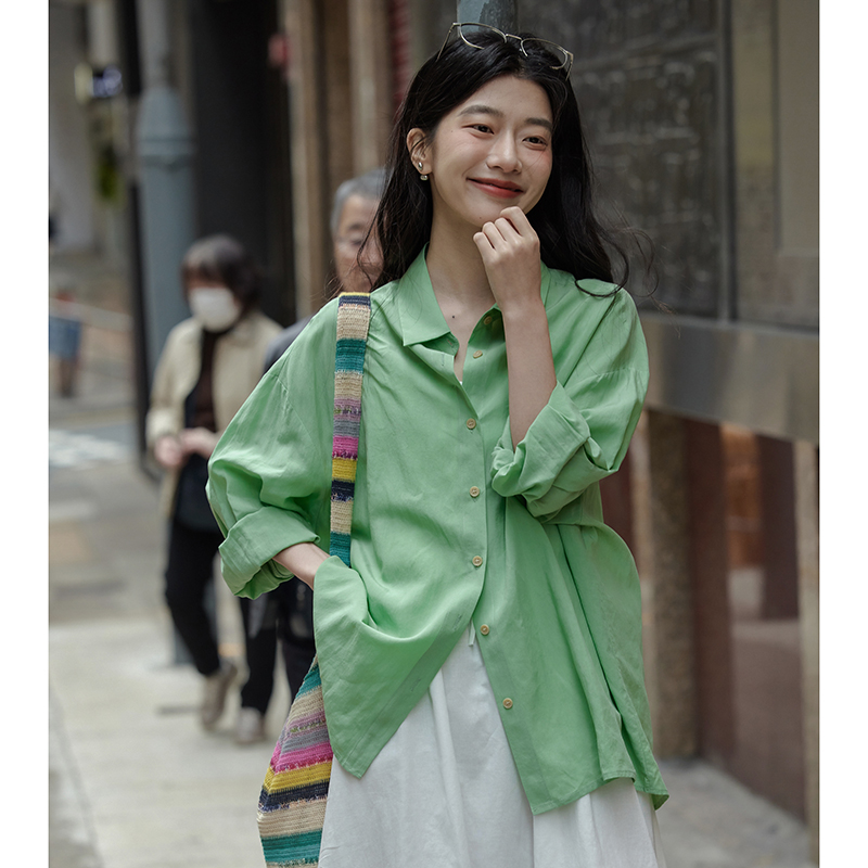 觅定绿色长袖衬衫外套女设计感小众气质衬衣2024年新款韩系上衣