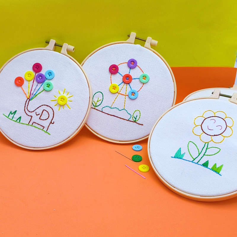 儿童刺绣手工diy材料包小学生刺绣课简单幼儿园绣花创意缝纽扣画