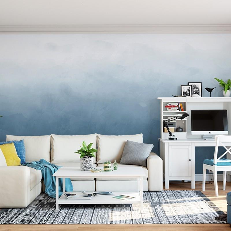 北欧现代简约蓝色电视背景墙壁纸客厅沙发渐变色纯色卧室墙纸墙布
