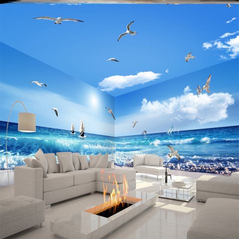 蓝天白云沙滩全屋定制墙纸酒店包厢吊顶壁纸现代简约海洋风景壁画
