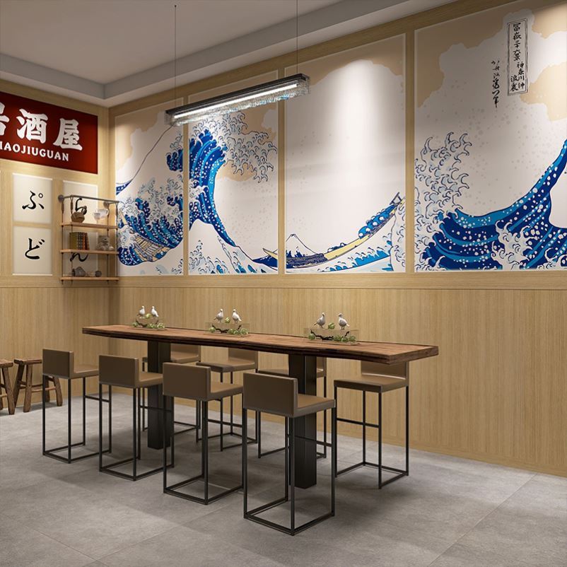 复古日式和风海浪浮世绘壁纸烤肉店寿司日料店日本居酒屋背景墙纸