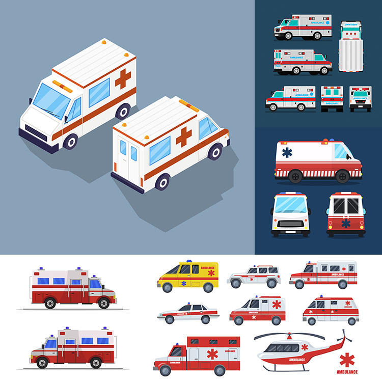 救护车 卡通医院医疗急救车辆急诊车视图 AI格式矢量设计素材