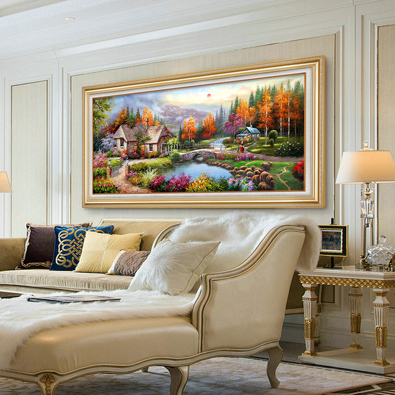 美式油画客厅挂画沙发背景墙装饰画山水画风景手绘欧式壁画高级感
