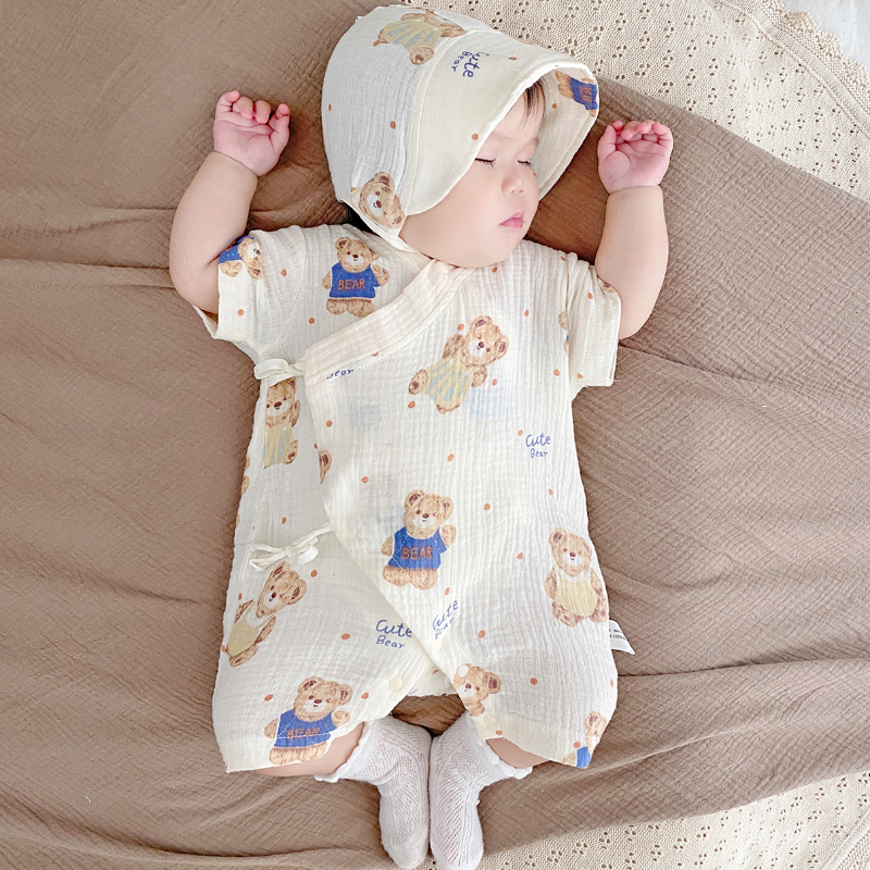 0—3个月宝宝夏季超薄款纱布短袖连体衣男孩女新生婴儿纯棉汉服