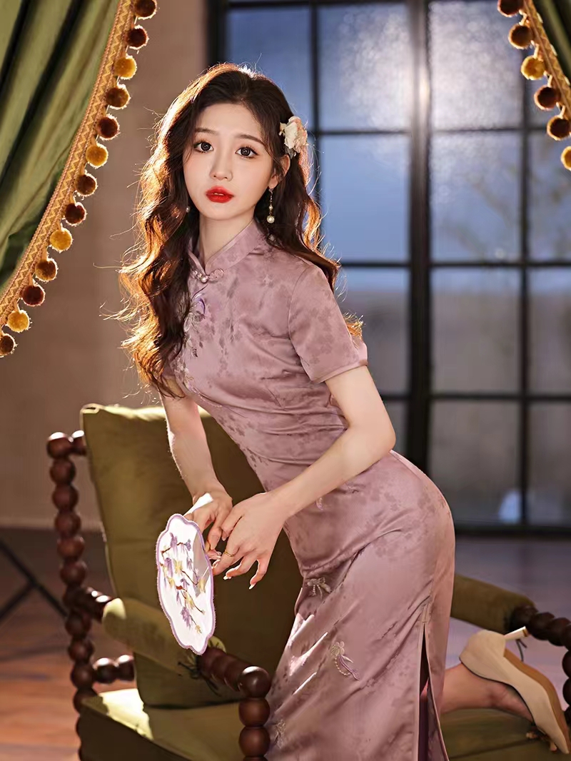 上海滩复古紫色提花2024新款旗袍改良版夏季女洋气优雅日常连衣裙