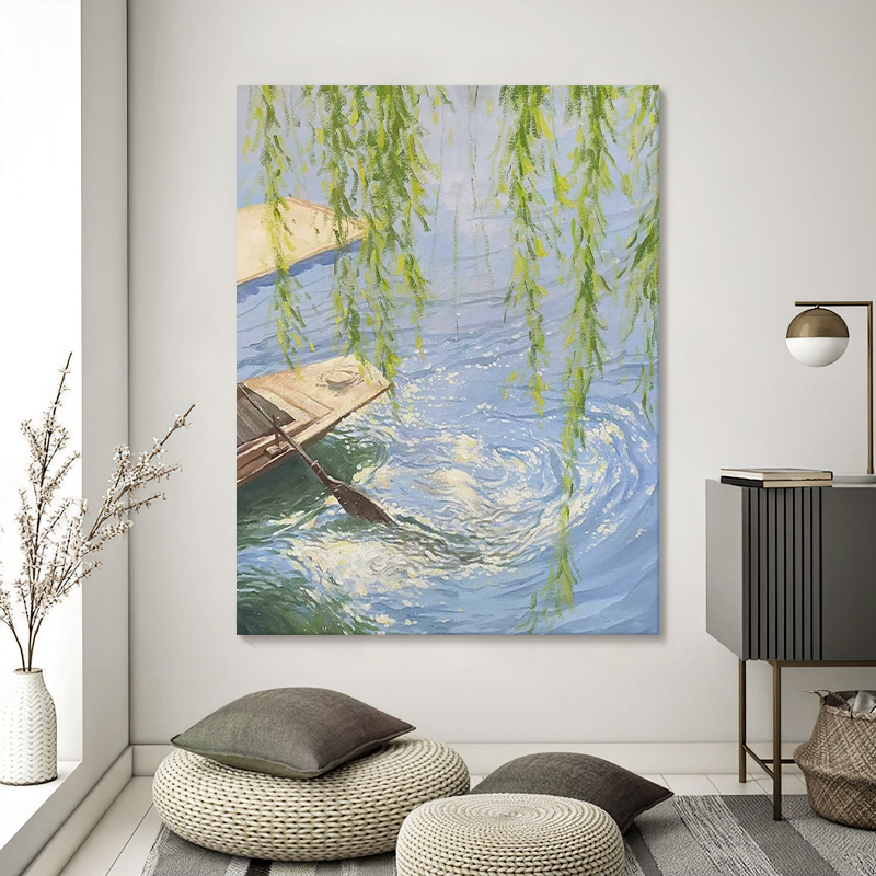 湖边风景抽象肌理纯手绘油画小船湖水客厅装饰画柳树玄关过道挂画
