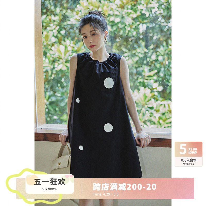 【95折】夕蒙夏季小个子无袖休闲洋气黑色法式慵懒风波点连衣裙女