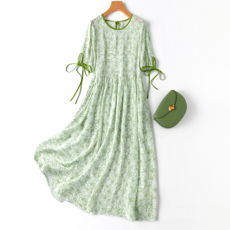 凉意！满身花卉！真丝圆领系带泡泡袖中长裙绿色桑蚕丝连衣裙减龄