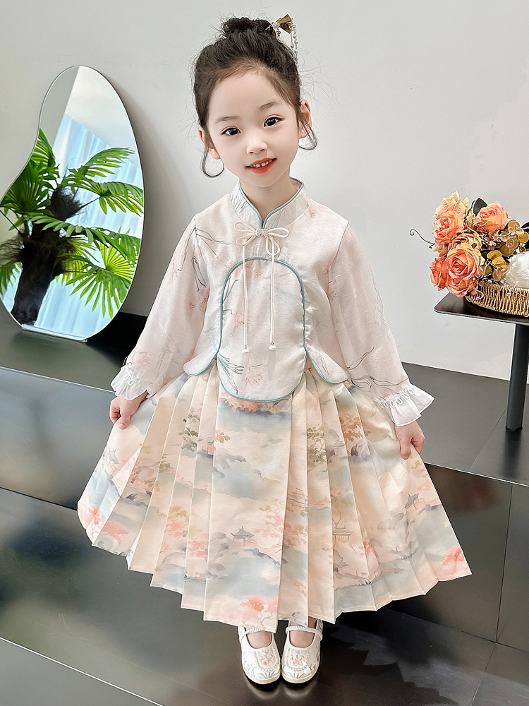 女童马面裙套装2024新款春秋季中国风儿童古风长袖唐装半身裙