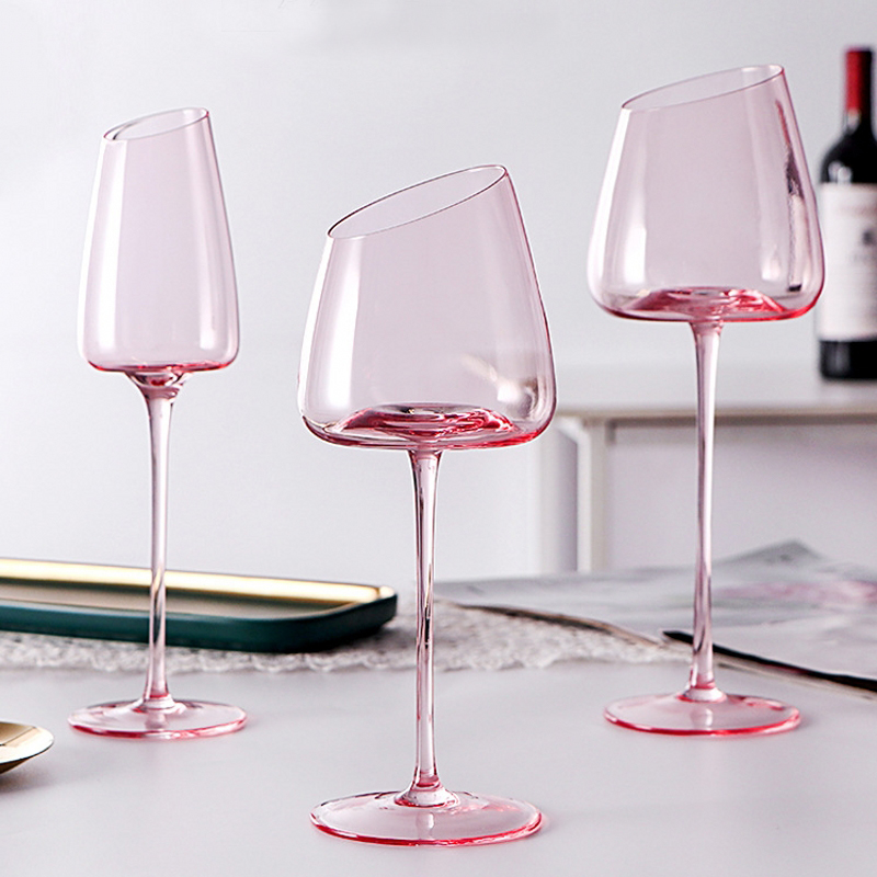 北欧斜口粉红色红酒杯水晶玻璃高脚杯子高颜值葡萄酒杯情侣香槟杯