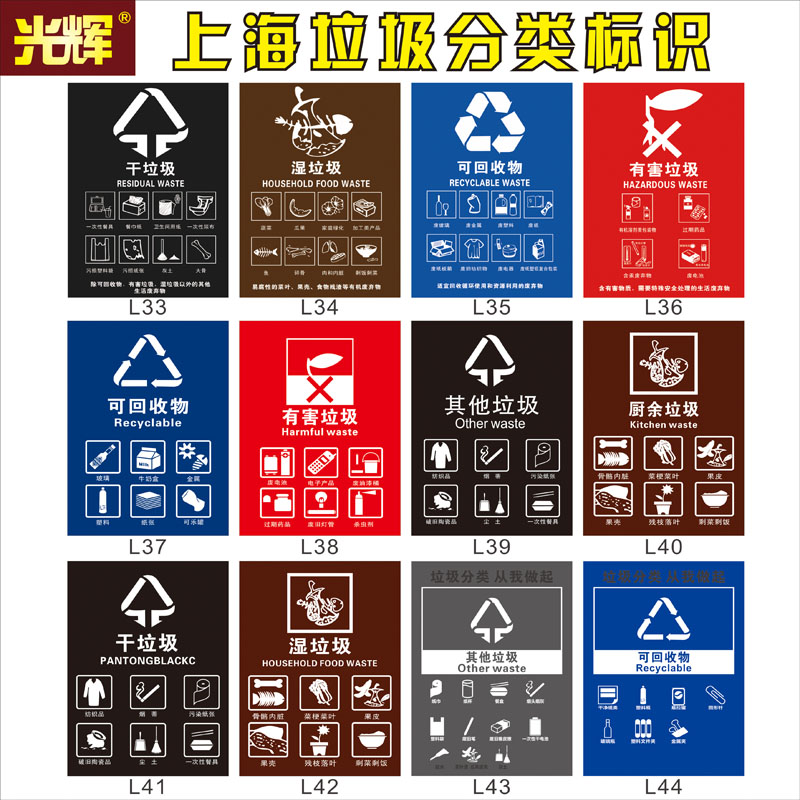 垃圾分类标识可回收物不可回收垃圾箱贴纸有害厨余干湿干垃圾标示其他餐厨垃圾指示标志牌垃圾桶分类提示贴