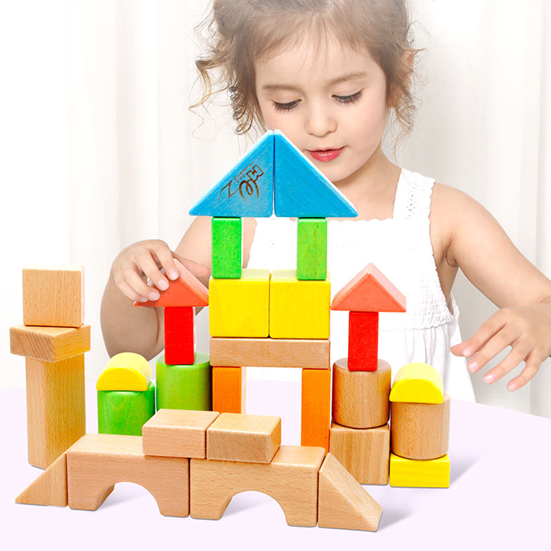 幼儿童早教木制实木积木益智拼搭玩具2-6岁宝宝简单颜色形状认知