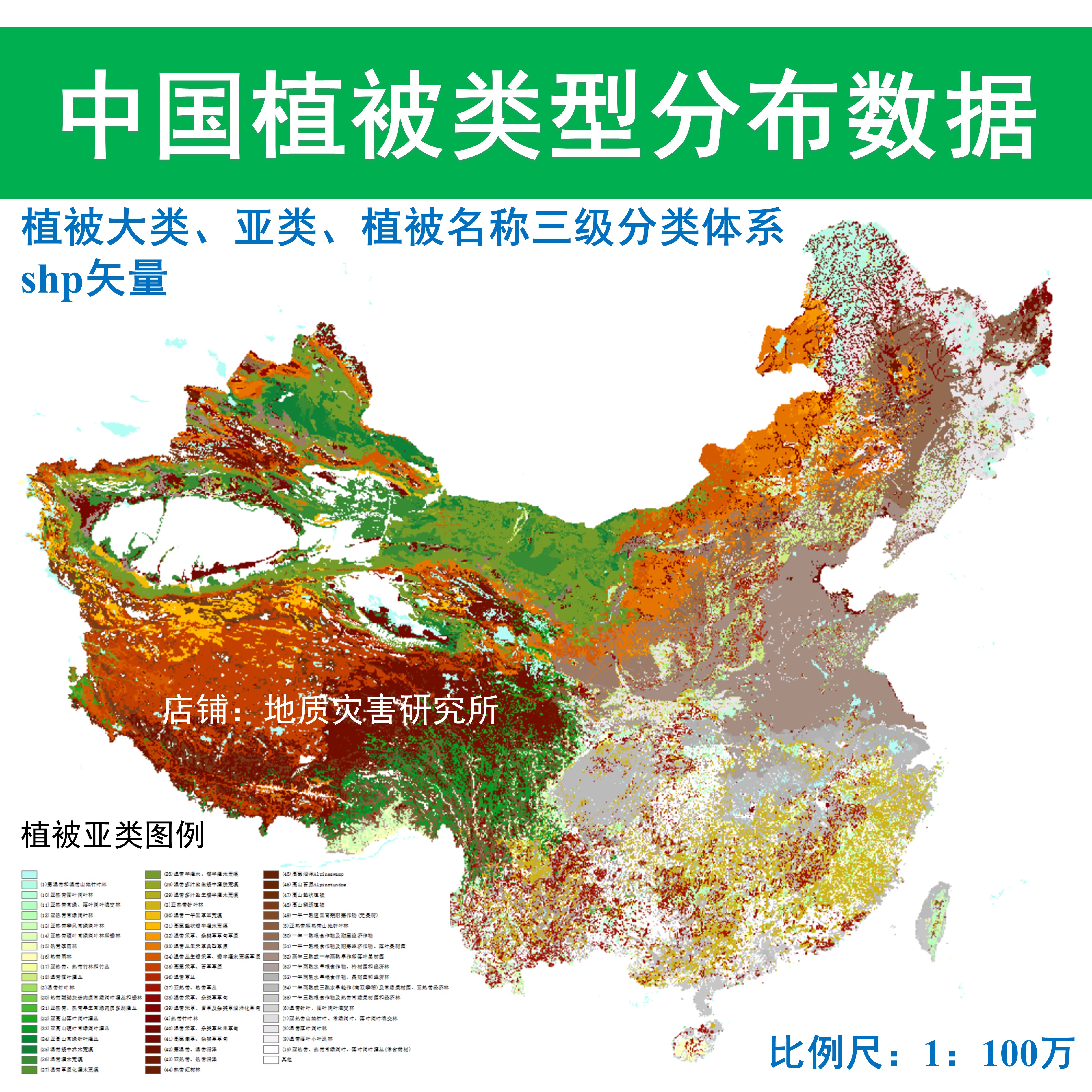 中国100万植被类型空间分布数据shp矢量植被类型图集arcgis出图