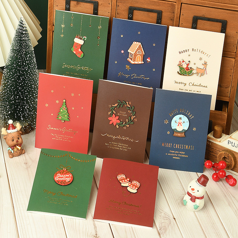 新款圣诞节贺卡立体木质贴片手工圣诞卡片送礼祝福留言卡片带信封