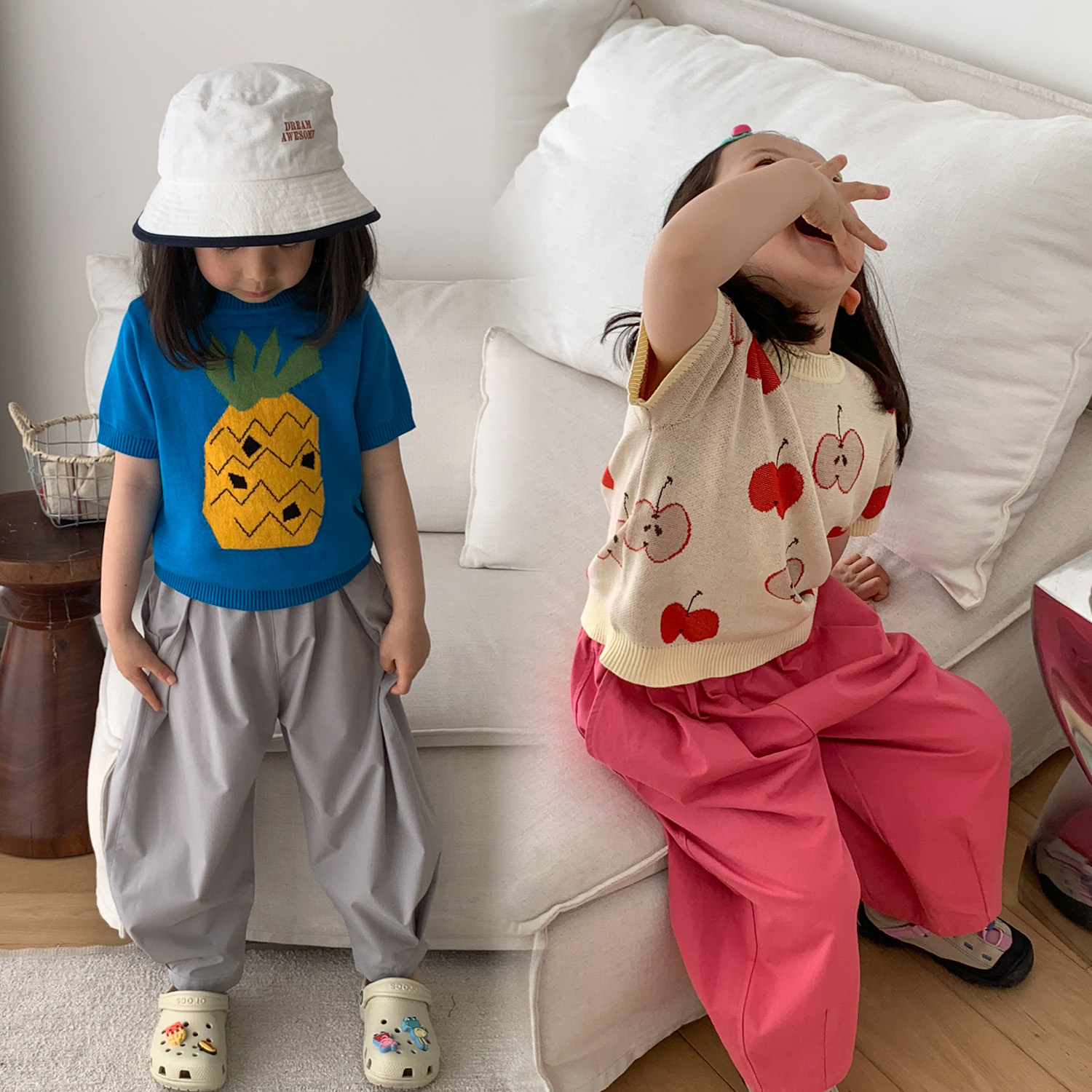LUB 原创菠萝&苹果儿童提花短袖T恤超细丝光长绒棉男女童针织上衣