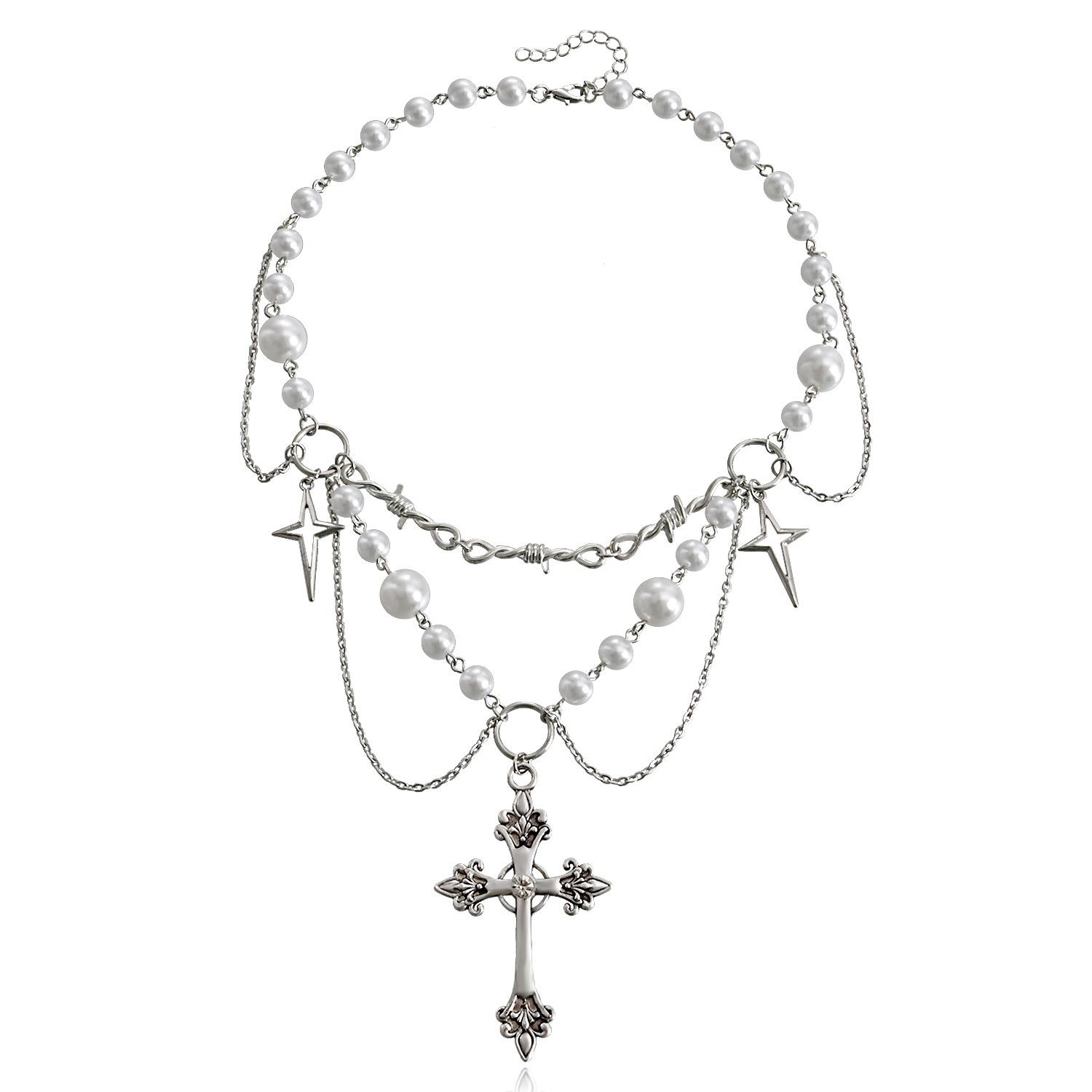 饰品 小众设计双层高亮珍珠流苏十字星十字架项链女百搭