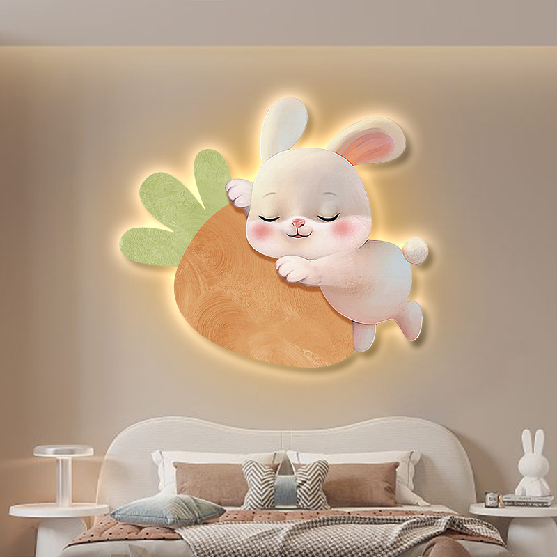儿童房装饰画发光灯画女孩卧室房间床头挂画玉兔创意萌宠卡通壁画