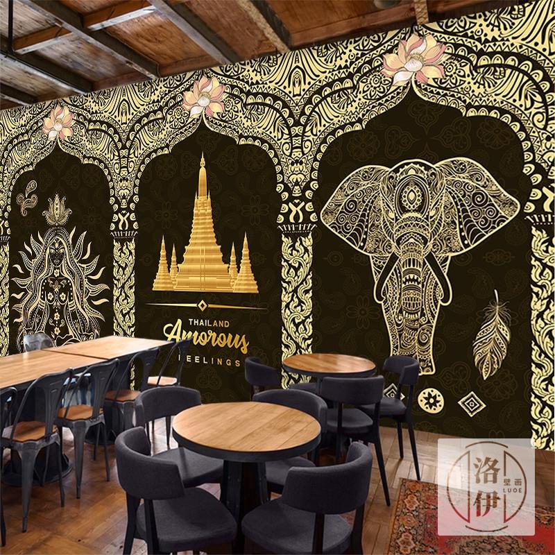 泰式东南亚风格装修壁纸泰国风情大象壁画养生馆背景装饰餐厅墙纸