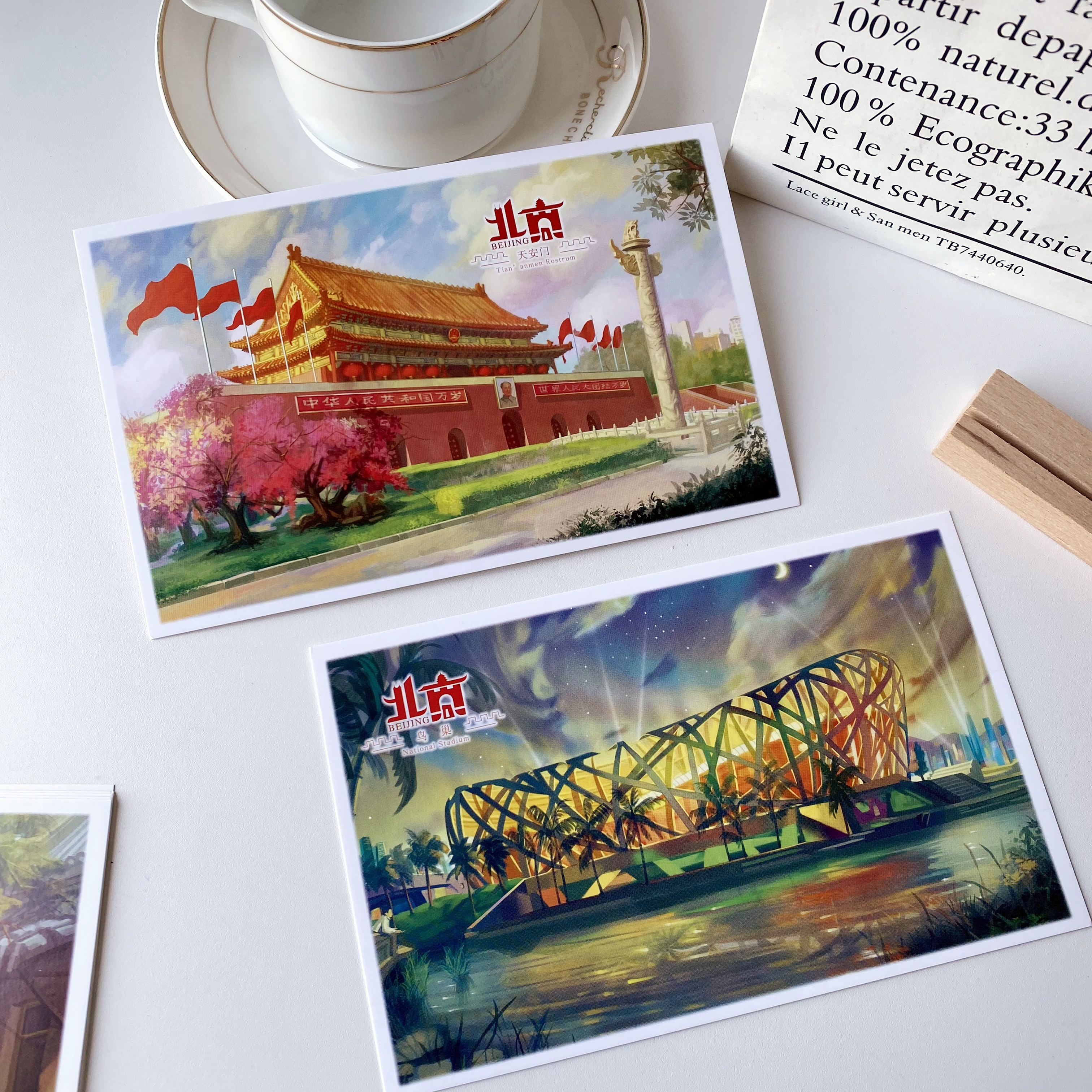创意插画明信片手绘北京著名景点地标天安门长城鸟巢颐和园附介绍