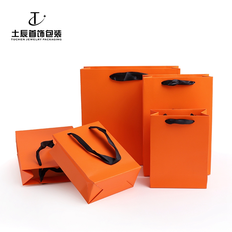 首饰包装袋橙色净面丝带手提袋购物袋礼品袋纸袋子纯色时尚印logo
