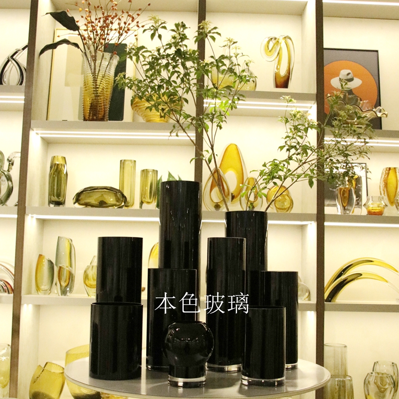 简约现代黑色玻璃直筒圆柱花瓶水养鲜花居家样板房台面花器工艺品