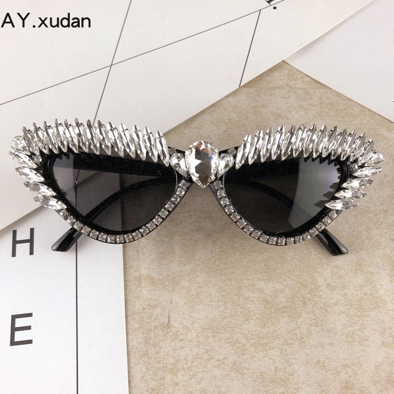 原创设计款式手工金属钻方框太阳眼镜女个性猫眼金属镜腿跨境货源