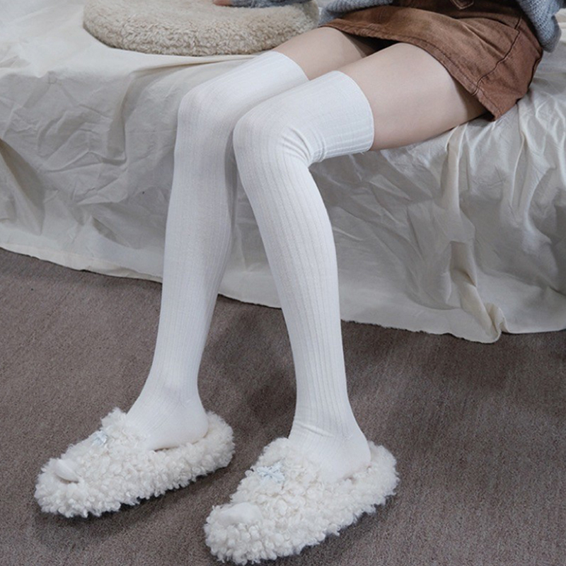 竖条过膝袜白色长筒袜秋冬压力显瘦保暖过膝堆堆袜ins女搭配靴子