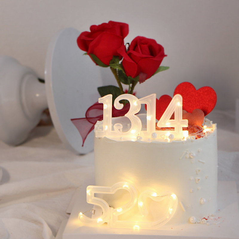 七夕情人节蛋糕装饰数字520暖灯1314love摆件爱心玫瑰花情侣烘焙