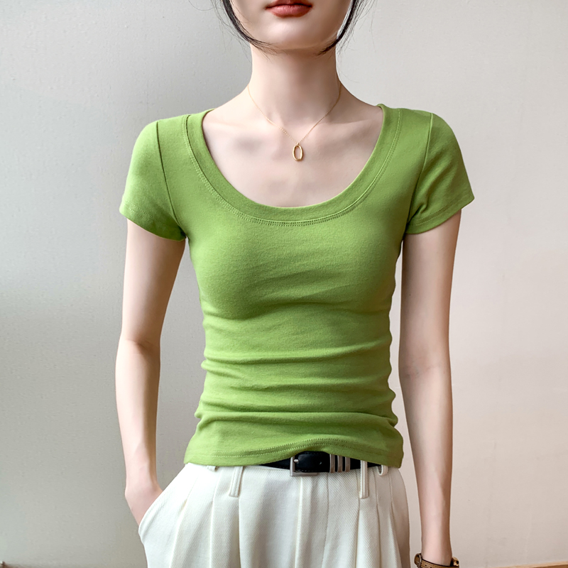 纯棉u领短袖t恤女2024夏季新款露锁骨大领口收腰显瘦果绿色上衣