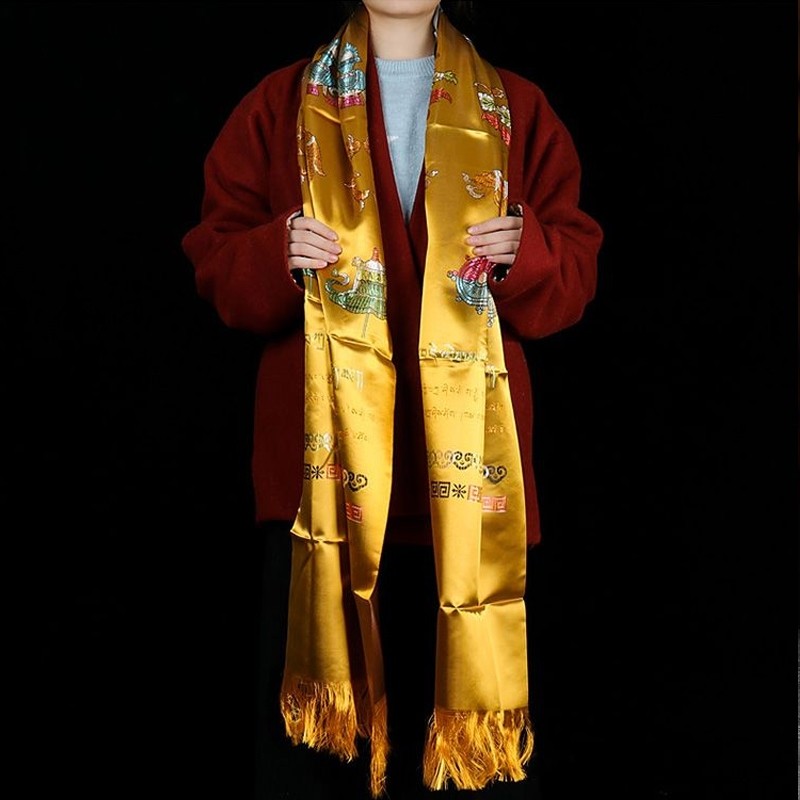 八吉祥哈达藏族饰品加宽加厚丝绸绣花围巾批量发长辈红色礼品2.5m