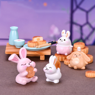微景观国风树脂工艺品中秋佳节系列小摆件可爱卡通动物吃月饼兔子