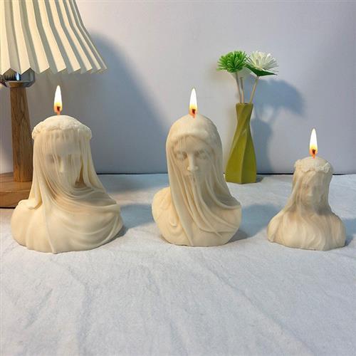 人山新品面纱少女蜡烛硅胶模具雕塑女人身体女孩头像石膏蜡烛模具