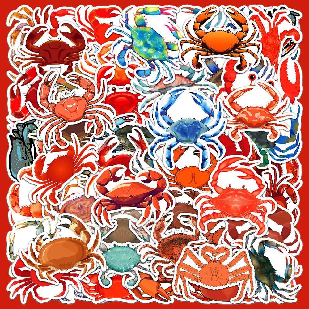 50张卡通螃蟹彩绘贴纸梭子蟹大闸蟹海洋动物卡通个性创意可爱贴画