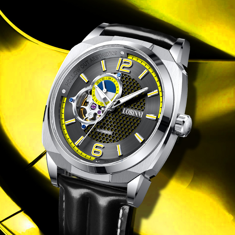 罗宾尼官方原创蜂巢镂空机械表男夜光全自动大表盘运动方形手表