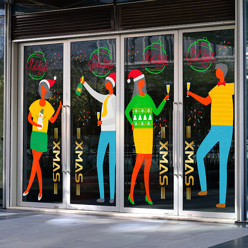 2024圣诞新年大派对卡通人物玻璃门套贴画商场酒店年终气氛橱窗贴