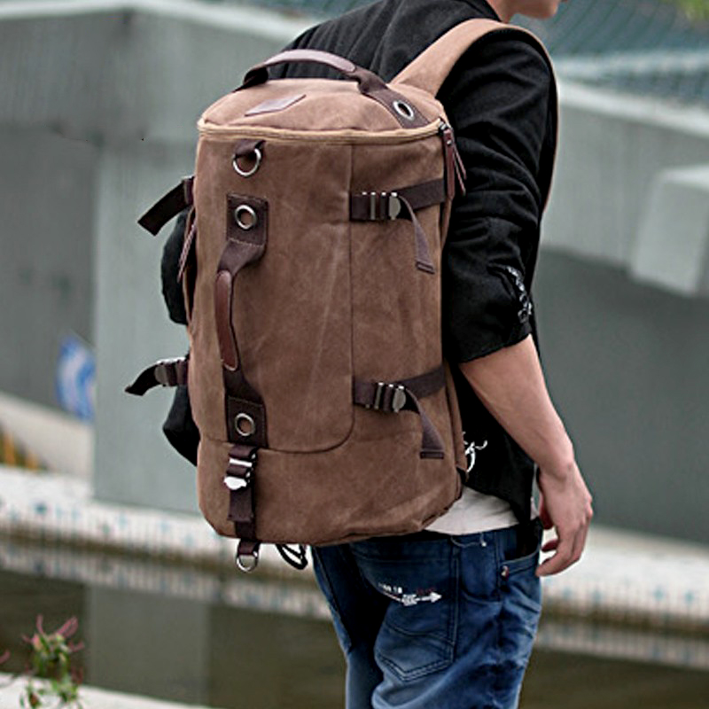 时尚帆布包韩版背包大容量单肩书包男士圆桶包双肩包旅行包行李包