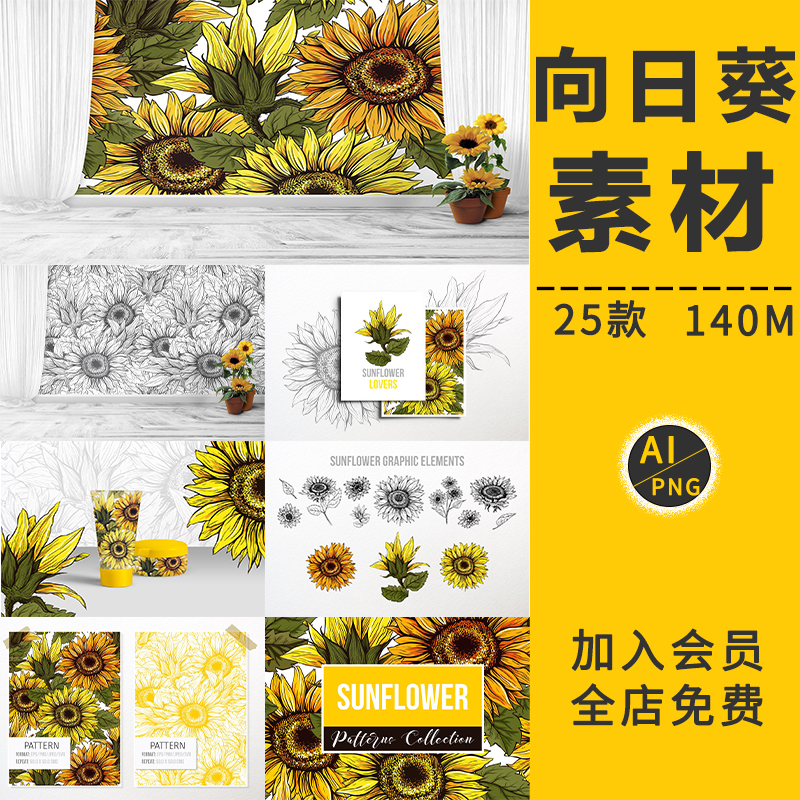 复古向日葵太阳花卉朵水彩植物手绘海报PNG免抠图卡片设计PS素材