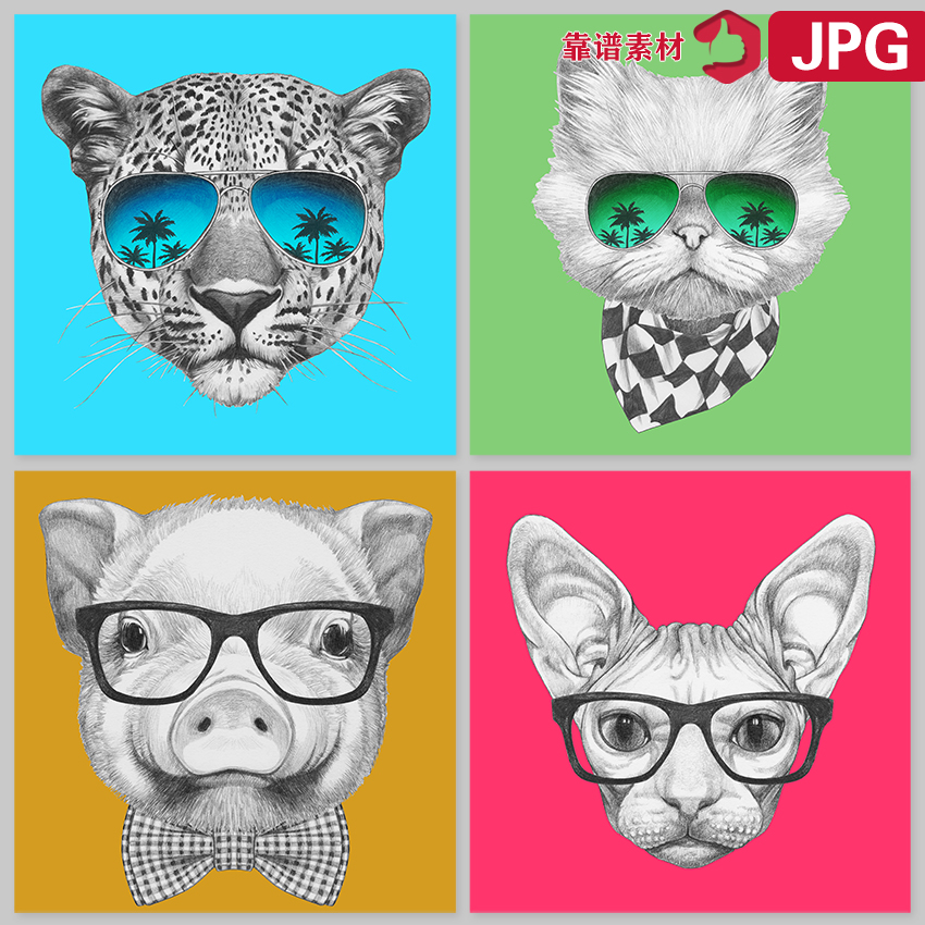 手绘素描卡通动物头像狗狗猫咪小猪豹子装饰画JPG图片设计素材