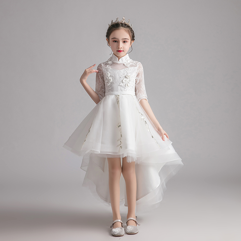 纱儿AGL-672童礼服公主裙女童蓬蓬前短长白色小钢花童婚纱琴后演