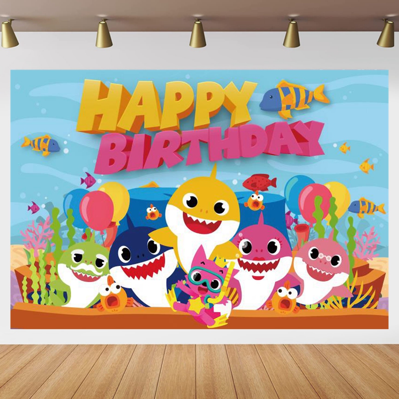 卡通鲨鱼背景儿童生日快乐海洋动物主题海报名字定制画布装饰道具