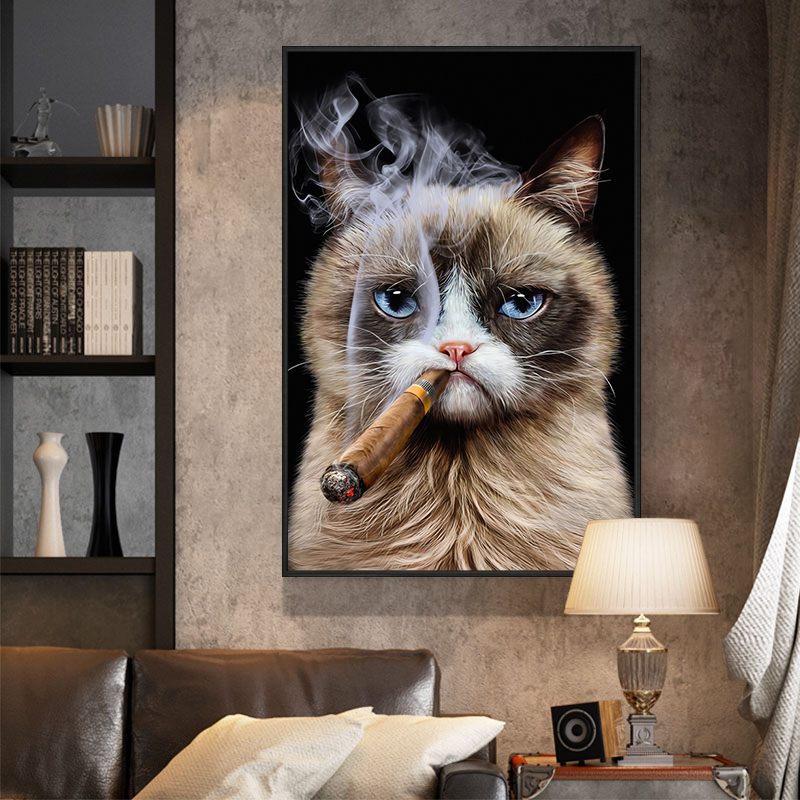 复古雪茄吧挂画动物狗狗猫咪抽烟海报美式工业风西餐厅酒吧装饰画