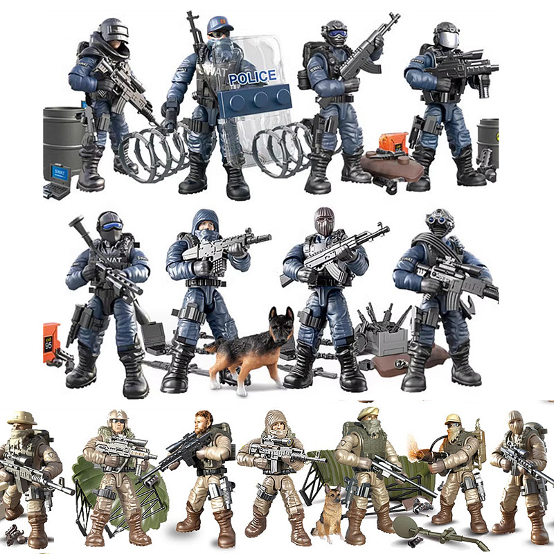 1:36军事闪电特警武器男孩组装模型第三方特种兵积木人仔场景玩具