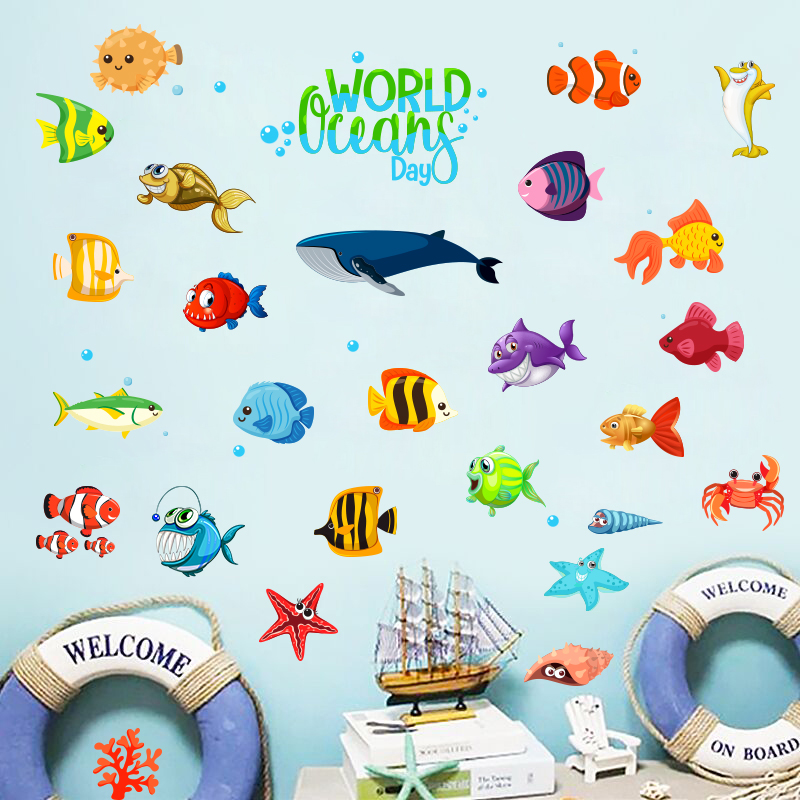 卡通海洋贴纸卫生间装饰海豚贴画防水游泳馆儿童房可爱动漫简约
