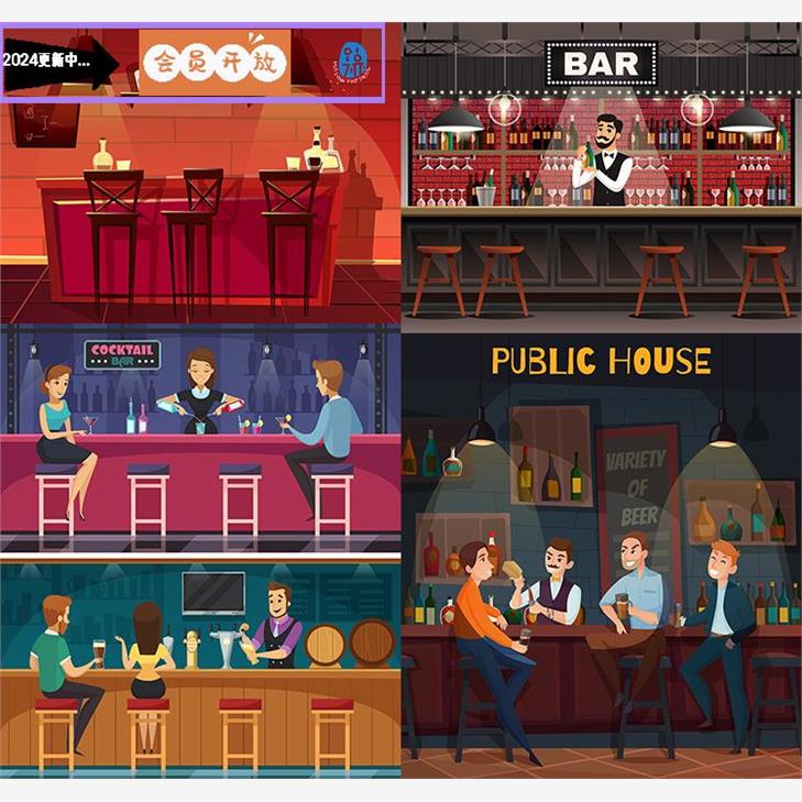 酒吧场景插画 夜店吧台喝酒调酒师人物海报 AI格式矢量设计素材