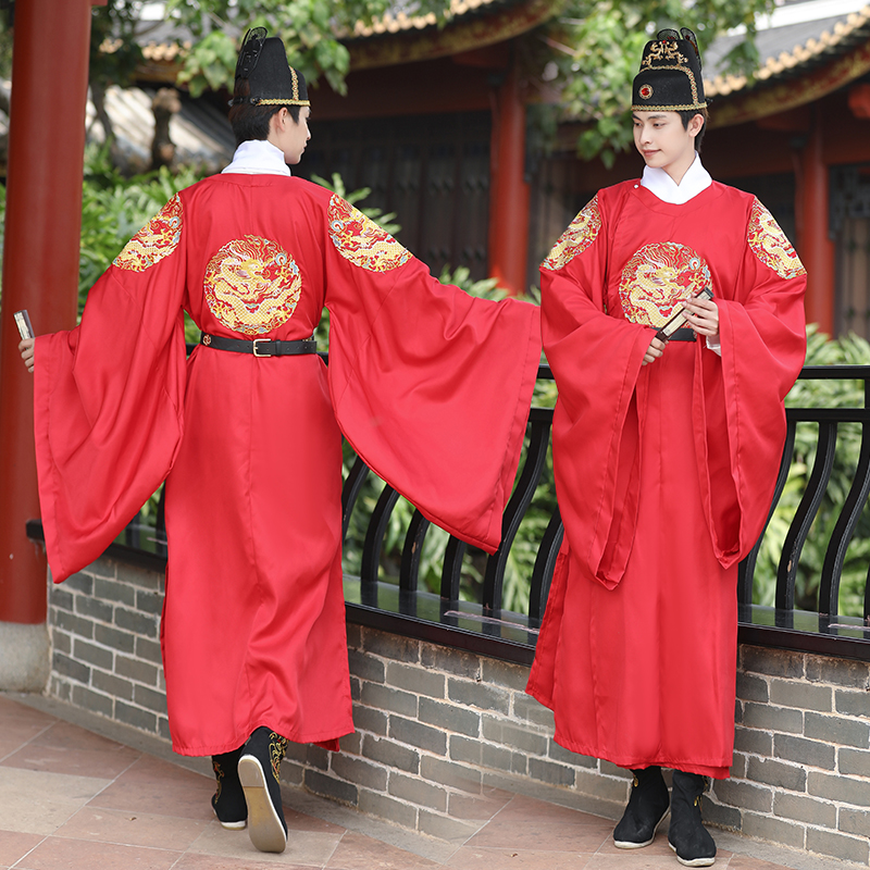 现货汉服男龙袍婚服明制红色圆领袍皇帝四团龙重工绣花中国风古风