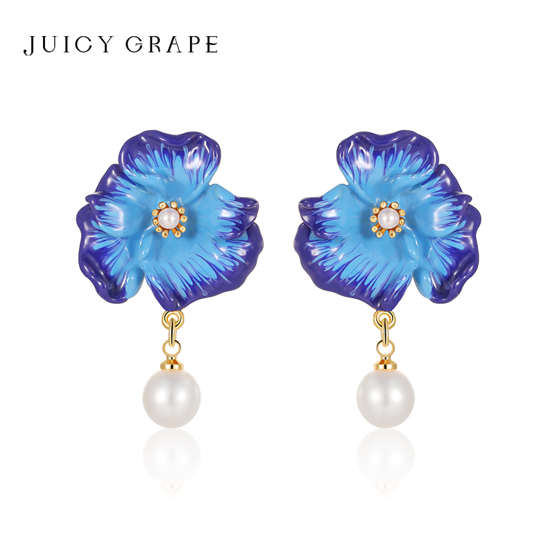 Juicy Grape原创设计轻奢小众气质珍珠耳饰蓝色虞美人花朵耳环女