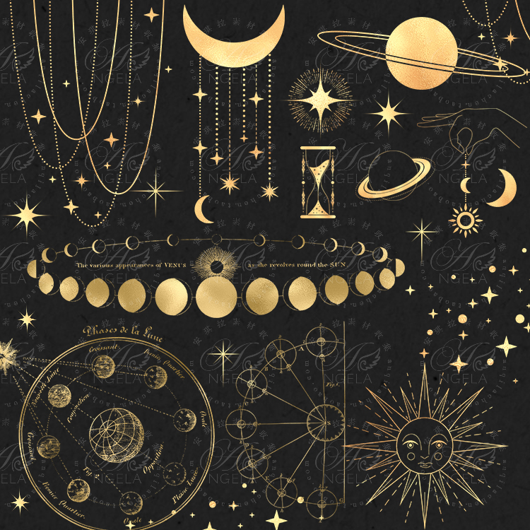 金色神秘星月星座线描太阳月亮宇宙星球背景psd+星月元素png素材